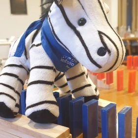 blaue Dominosteine führen unter einem Zebra-Kuscheltier durch