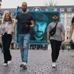 Drei Personen laufen als Gruppe durch eine Stadt. Ein Mann trägt ein Tablet in seiner Hand.