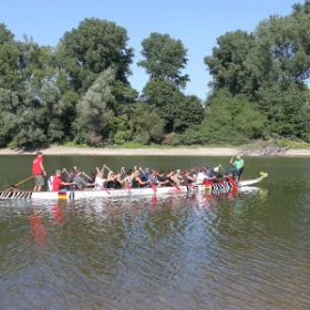 Drachenbootfahrer auf einem Fluß vor Baumreihe