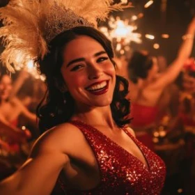 Burlesque Tänzerin in rotem Kleid mit Federkopfschmuck