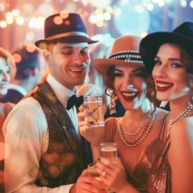 Gruppe im 20-er Jahre Outfit stoßen gemeinsam an