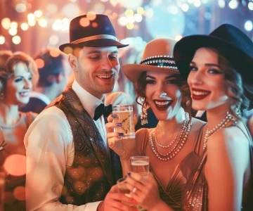 Gruppe im 20-er Jahre Outfit stoßen gemeinsam an