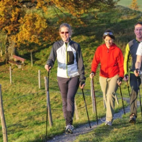 Gruppe beim Wandern mit Trekkingstöcken