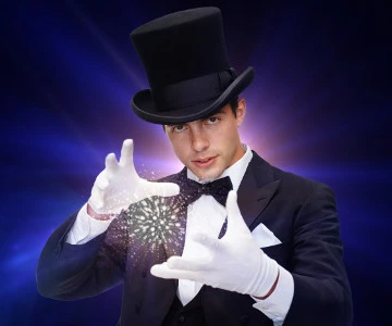 Magier mit großem Hut zaubert