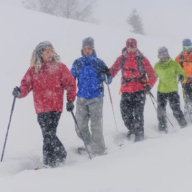 Schneeschuhwanderung einer Gruppe, Fünf Personen laufen in einer Spur hintereinander