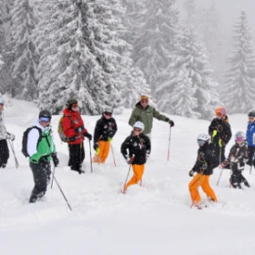 Gruppe Skifahrer im Tiefschnee