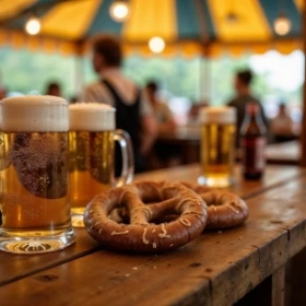 Traditionelles deutsches Bier und Brezeln in einem lebhaften Biergarten mit festlicher Stimmung