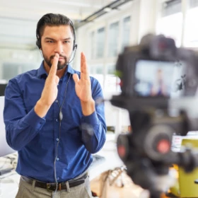 ein Mann erklärt ein Seminar, welches über eine Kamera aufgenommen wird