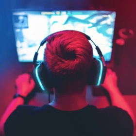 Mann sitzt mit einem Headset vor seinem Rechner und spielt ein Spiel