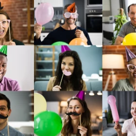 Personen mit verschiedenen Accessoires und Luftballons