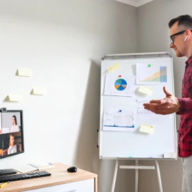 Mann erklärt etwas auf einem Flipchart