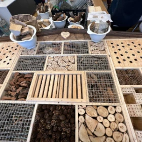 Detailansicht von Insektenhotel mit gefüllten Fächern, Zapfen, Holz, verschiedene Materialien stehen auf dem Tisch zum befüllen des Insektenhotels