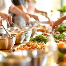 Kochkurs, verschiedene Schüsseln werden verwendet