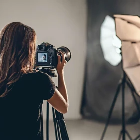 Fotografin fotografiert in einem Studio mit Studiolicht