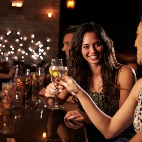 EVINTA_Bollywood Weihnachtsfeier_Bild01 zwei Frauen stoßen mit Wein an
