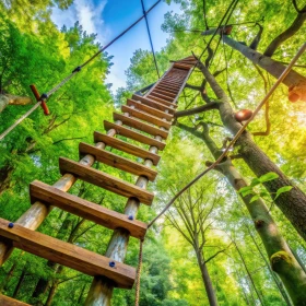 Abenteuerpark-Leiterklettererlebnis in einer natürlichen Umgebung im Freien, umgeben von viel Grün