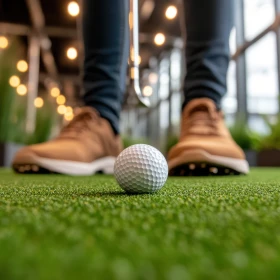 ein weißer Golfball liegt auf einem grünen Rase indoor, eine Person mit braunen Schuhen im Hintergrund