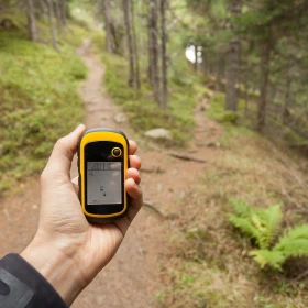 Mensch läuft mit GPS Gerät durch den Wald und steht an einer Weggabelung