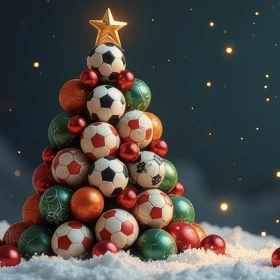 Weihnachtsbaum im Schnee aus Fußbällen mit goldenem Stern
