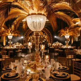 Feierlich dekorierter Tisch mit 20er Jahre Dekoration, Federboas, Dekoration in Gold