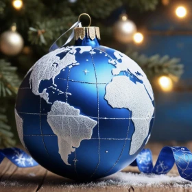 Weltkugel in Weiß und blau und weiß vor einer Tanne