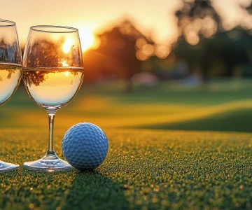 Golfball im Sonnenuntergang neben einem Weinglas