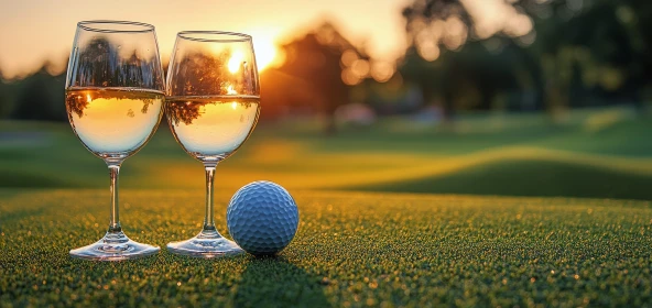 Golfball im Sonnenuntergang neben einem Weinglas