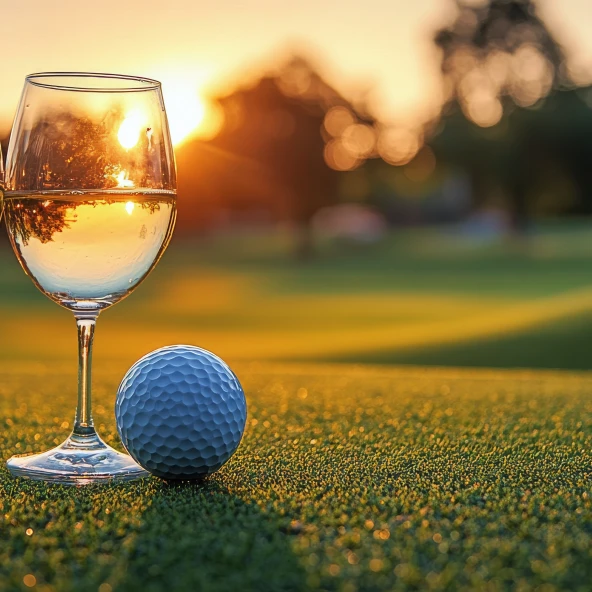 Golfball im Sonnenuntergang neben einem Weinglas