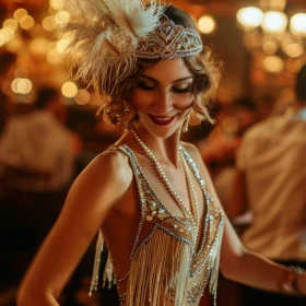 Frau tanzt bei einer Party im Stile der 20er Jahre, Goldenes Kleid