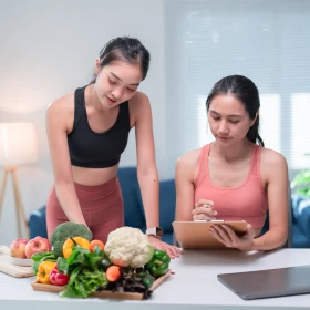 zwei Frauen in Sportsachen schauen auf ein Klemmbrett mit einem Ernährungsplan, Obst und Gemüse steht auf einem Tisch