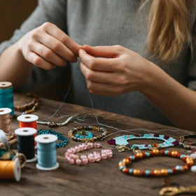 Person bastelt Armbänder mit verschiedenen farbigen Bändern und bunten Perlen