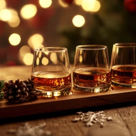 Drei Whisky Gläser auf einem Holztablett mit weihnachtlicher Dekoration