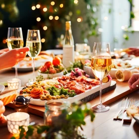 Weihnachtstafel mit frischem Essen, Weingläser, im Hintergrund Weihnachtsbaum mit Lichtern