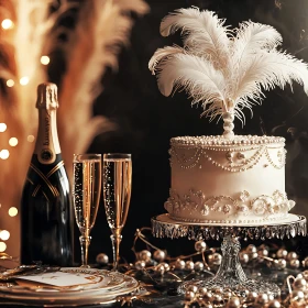 Dekoration für eine 20er Jahre Firmenfeier, Sektgläser, große Flasche Sekt, weiße Torte mit Federschmuck, goldene Perlenkette