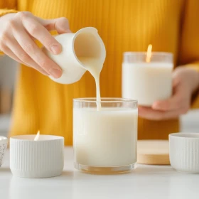 Frau gießt flüssigen weißen Kerzenwachs in ein Glas