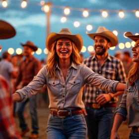 Menschen mit Cowboy Outfit und Cowboyhüten tanzen im Abendlicht auf einer Party