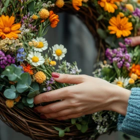 Frau gestaltet einen dekorativen Kranz mit bunten Blumen