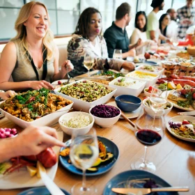 Personen sitzen gemeinsam am Tisch und Essen