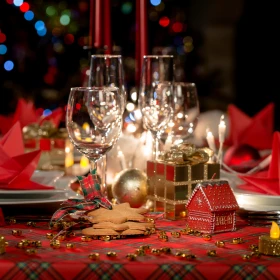 Weihnachtlich geschmückter Tisch mit Kerzen und roten Dekoelementen