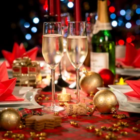 weihnachtlich Dekorierter Tisch, Sektflasche und gefüllte Sektgläser auf dem Tisch