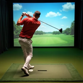 Mann spielt Golf indoor am Trackman, Golf Simulator