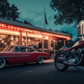 amerikanisches Diner, amerikanisches rotes Auto und Motorrad vor dem Diner
