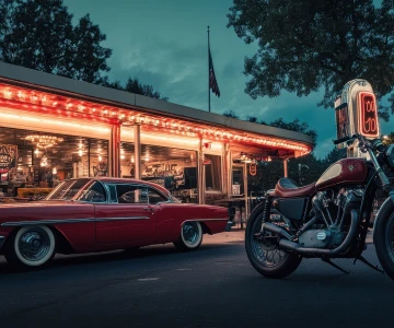 EVINTA_amerikanische Weihnachtsfeier_Bild01 amerikanisches Diner, amerikanisches rotes Auto und Motorrad vor dem Diner