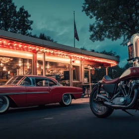 amerikanisches Diner mit Auto und Motorrad