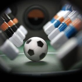 Mittellinie eines Tischkickers, Ball wurde neu eingewurfen, blaue und schwarze Figuren versuchen den Ball zu spielen