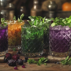 Cocktailgläser in Grün und Lila