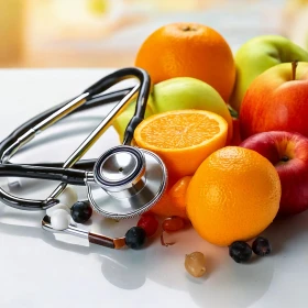 Obst und ein Stethoskop