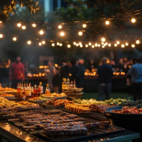 BBQ im Garten mit viel Fleisch, Lichterketten, Abendstimmung