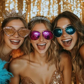 Drei Frauen mit bunten Brillen machen ein Foto in einer Fotobox und lachen