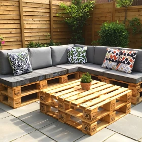 Selbstgebaute Lounge aus Paletten mit grauen Sitzkissen, Tisch aus Paletten gebaut